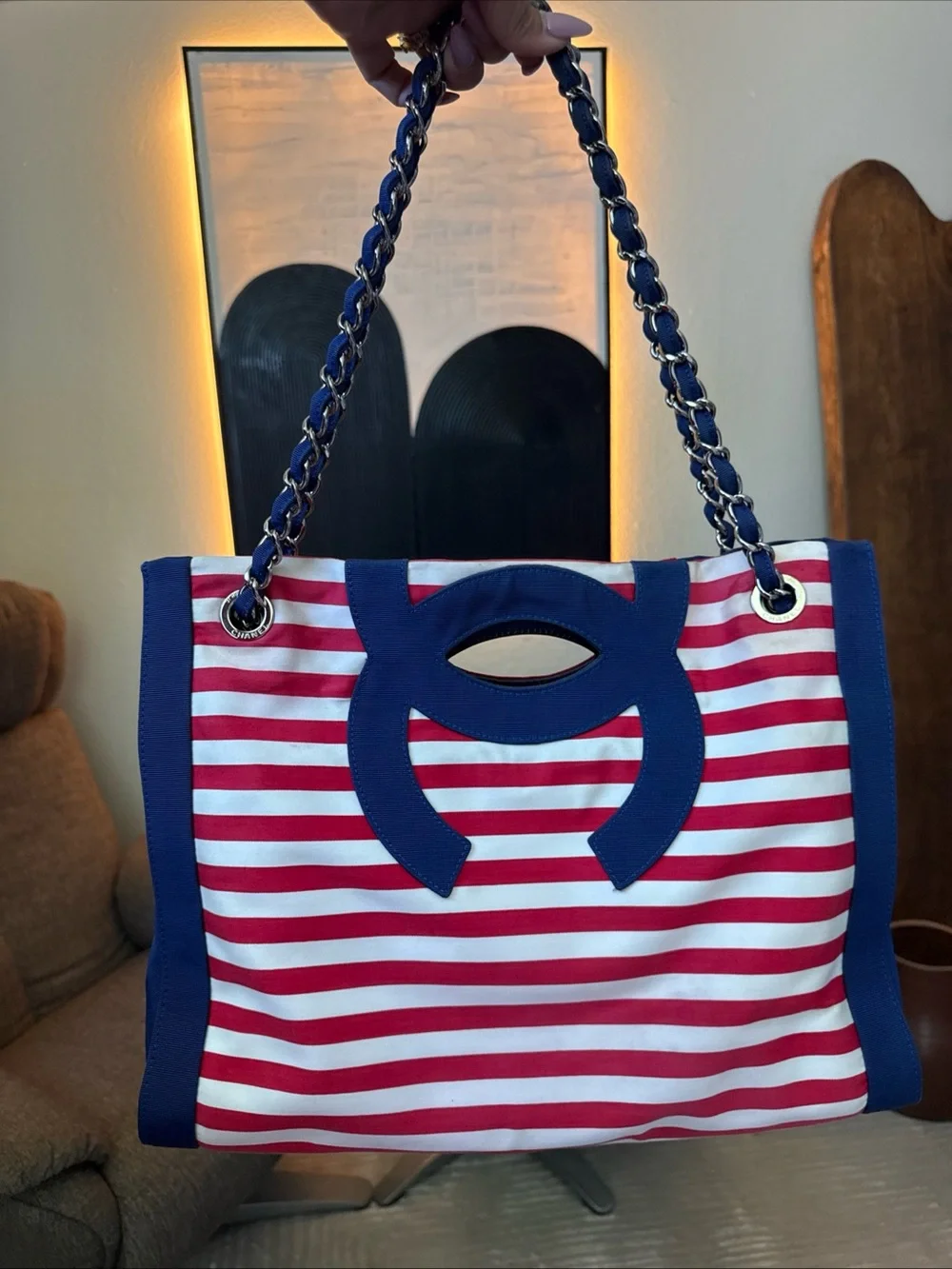 AUTH Chanel Marinière striped Chain Tote  bag. Cruise line